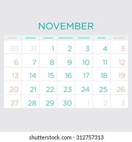 Vector planning calendar 2016. November.