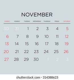 Vector planning calendar 2016. November.