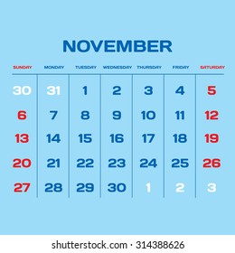 Vector planning calendar 2016. November.