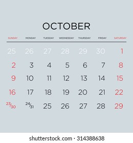 Vector planning calendar 2016. October.