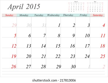 Vector Planning Calendar April 2015 Stock Vector (Royalty Free) 217813006