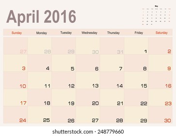 Vector planning calendar  April 2016
