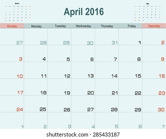 Vector planning calendar April 2016