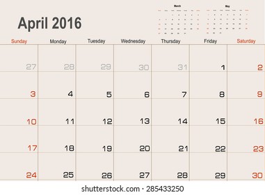 Vector planning calendar April 2016