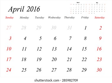 Vector planning calendar April 2016