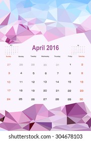 Vector planning calendar April 2016 in polygonal style. 