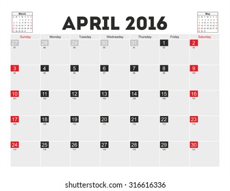 Vector planning calendar April 2016.