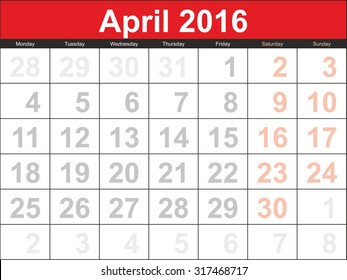 Vector planning calendar April 2016.