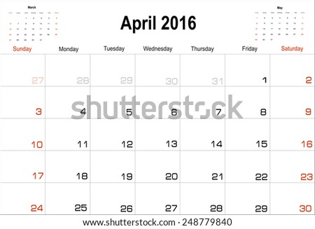 Vector planning calendar  April 2016