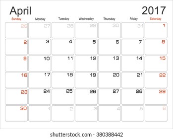 Vector planning calendar April 2017 Monthly scheduler. Week starts on Sunday.