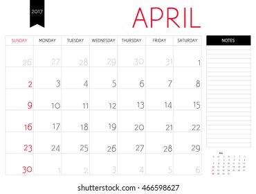 Vector Planning Calendar April 2017 Place Stock Vector (Royalty Free ...