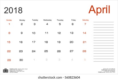 Vector planning calendar April 2018 Monthly scheduler. Week starts on Sunday.