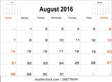 Vector Planning Calendar August 16 Stock Vector Royalty Free