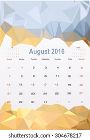 Vector planning calendar August 2016 in polygonal style. 