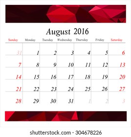 Vector planning calendar August 2016 in polygonal style. 