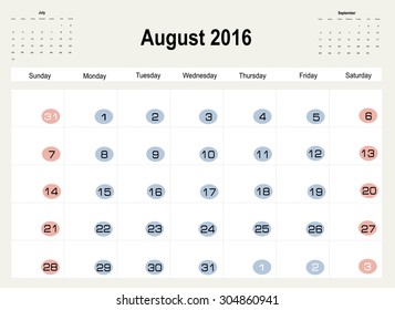 Vector planning calendar August 2016