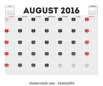 Vector planning calendar August 2016.