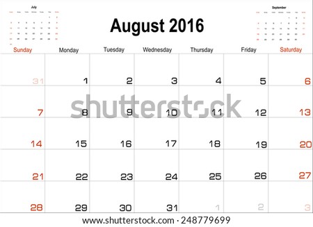 Vector planning calendar  August 2016