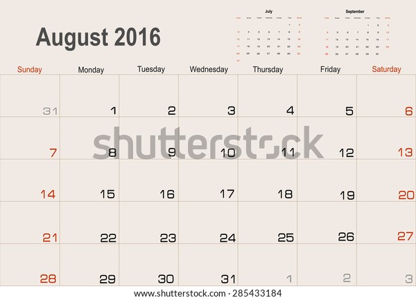 Vector Planning Calendar August 16 Stock Vector Royalty Free