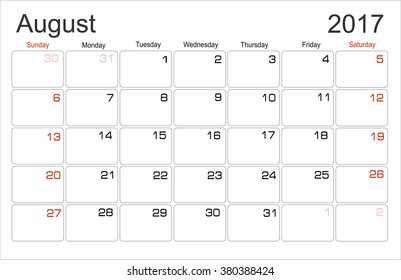 Vector planning calendar August 2017 Monthly scheduler. Week starts on Sunday.