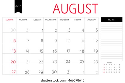 Vector planning calendar of August 2017 with a place for notes. Weeks start on Sunday