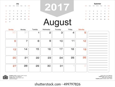 Vector planning calendar August 2017 Monthly scheduler. Week starts on Sunday.