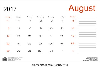 Vector planning calendar August 2017 Monthly scheduler. Week starts on Sunday.