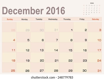 Vector planning calendar  December 2016
