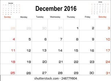 Vector planning calendar  December 2016