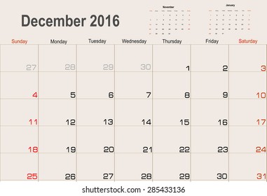 Vector planning calendar December 2016