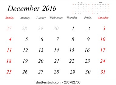 Vector planning calendar December 2016
