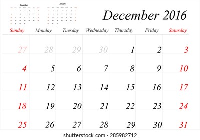 Vector planning calendar December 2016