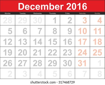 Vector planning calendar December 2016.