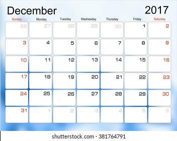 Vector planning calendar December 2017 Monthly scheduler. Week starts on Sunday. 