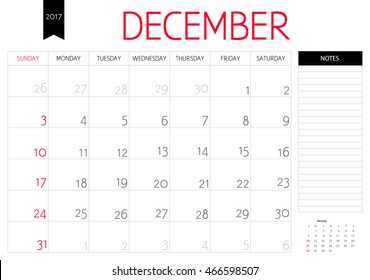 Vector planning calendar of December  2017 with a place for notes. Weeks start on Sunday