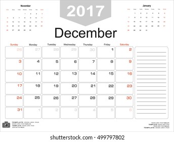 Vector planning calendar December 2017 Monthly scheduler. Week starts on Sunday.