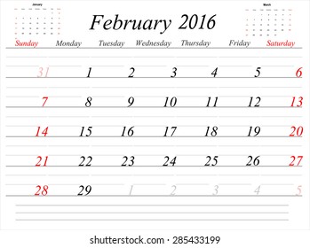 Vector planning calendar February 2016