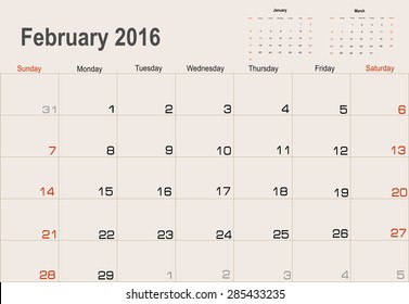 Vector planning calendar February 2016