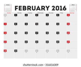 Vector planning calendar February 2016.