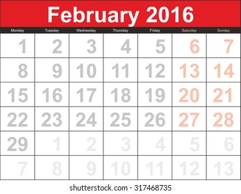 Vector planning calendar February 2016.