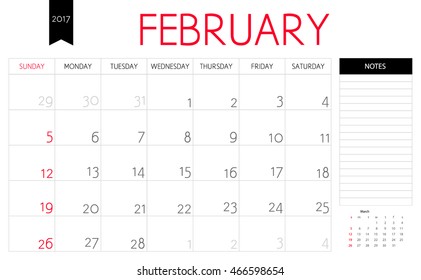 Vector planning calendar of February 2017 with a place for notes. Weeks start on Sunday
