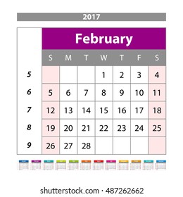 Vector planning calendar February 2017 Monthly scheduler. Week starts on Sunday. art
