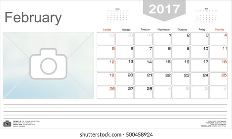 Vector planning calendar February 2017 Monthly scheduler. Week starts on Sunday.