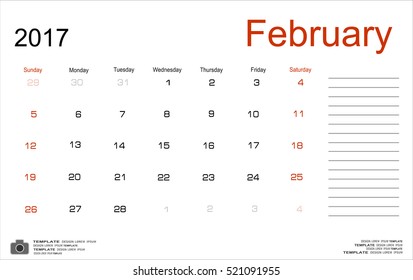 Vector planning calendar February 2017 Monthly scheduler. Week starts on Sunday.