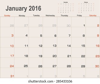 Vector planning calendar January 2016