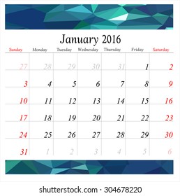 Vector planning calendar January 2016 in polygonal style. 
