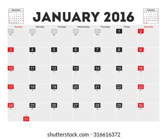 Vector planning calendar January 2016.