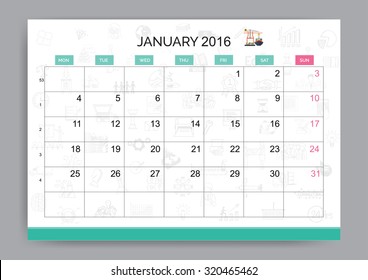 Vector planning calendar January 2016 with shipping business doodle background and icon. 