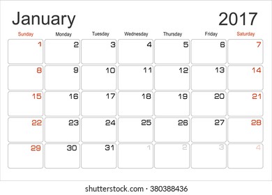 Vector planning calendar January 2017 Monthly scheduler. Week starts on Sunday.