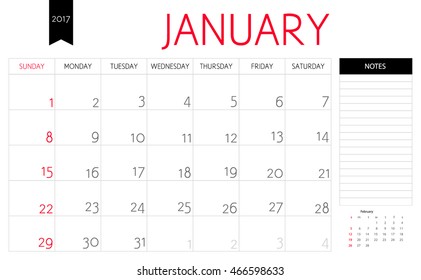 Vector planning calendar of January 2017 with a place for notes. Weeks start on Sunday